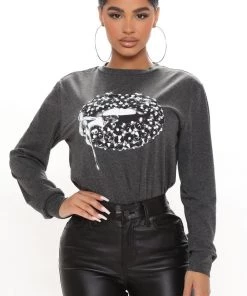 Fashion Nova Diamond On My Lips Long Sleeve Top - Charcoal