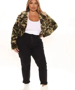 Fashion Nob Spot Me If You Can Faux Sherpa Jacket - Green/combo Teddies & Babydolls