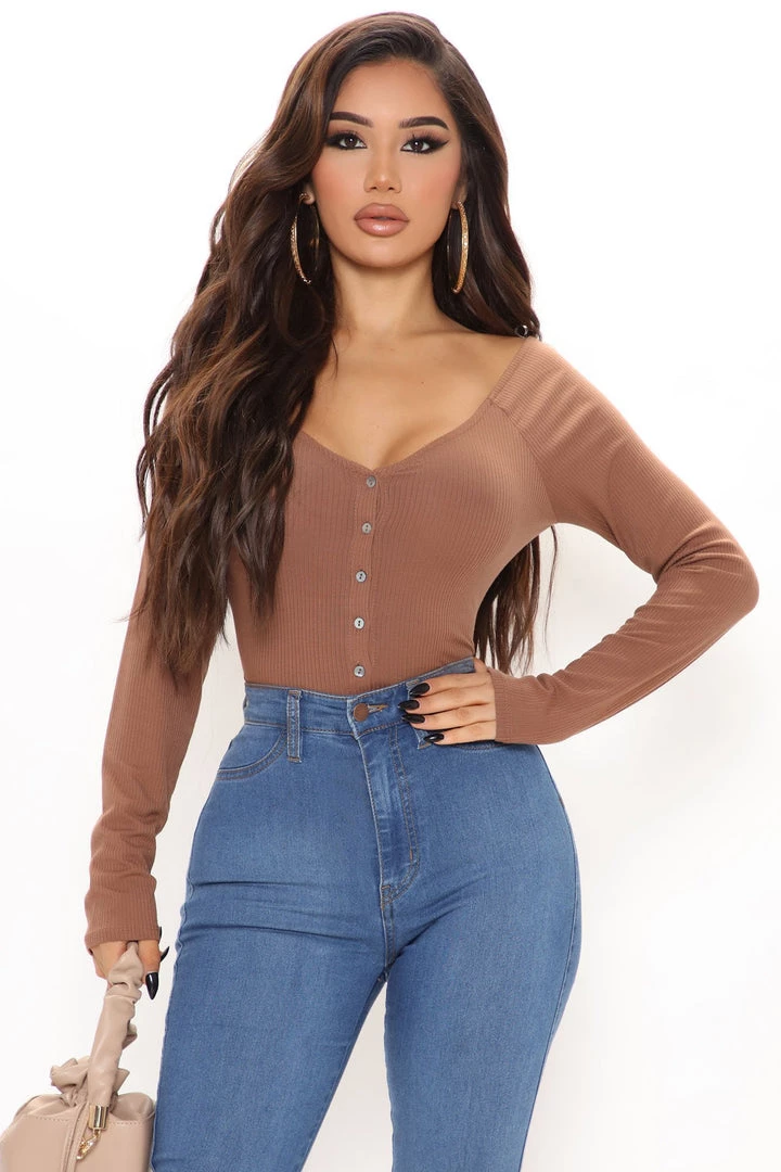Fashion Nova Best Sellers Hazel Ribbed Henley Bodysuit - Chocolate