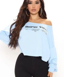 Fashion Nova Taurus Vibes Off Shoulder Top - Blue Teddies & Babydolls