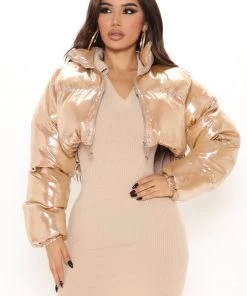 Fashion Nob Cause A Scene Cropped Puffer Jacket - Gold
