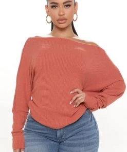 FashionNob Casual Weekend Off Shoulder Top - Brick Red Teddies & Babydolls