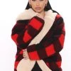 Fashion Nob Warm Wishes Plaid Sherpa Coat - Red/combo