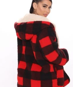 Fashion Nob Warm Wishes Plaid Sherpa Coat - Red/combo