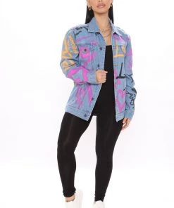 Fashion Nob Love Is The Answer Graffiti Denim Jacket - Medium Wash