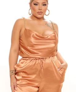 FashionNob Chained Love Satin Jumpsuit - Bronze