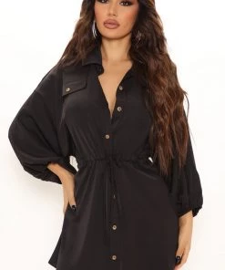 Fashion Nob Petite Andrea Shirt Dress - Black DRESSES