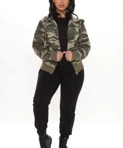 Fashion Nova Hiding My Feelings Camo Zip Hoodie - Olive/combo Teddies & Babydolls