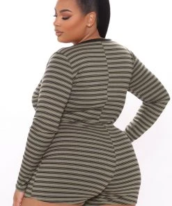 Fashion Nova Hot Line Striped Sleep Romper - Olive/combo