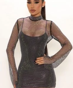 Fashion Nova Rhinestone Affair Mini Dress - Black