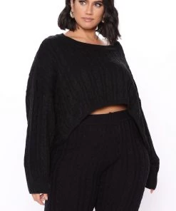 Fashion Nova Meet Me Half Way Sweater - Black Teddies & Babydolls