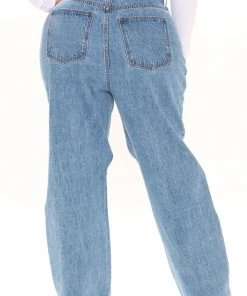 Fashion Nova Distressed Crossover Straight Leg Jeans - Medium Blue Wash