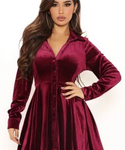 Fashion Nob DRESSES Phoebe Velvet Shirt Dress - Wine