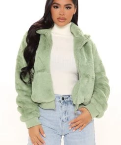 Fashion Nob Andi Faux Fur Bomber Jacket - Sage