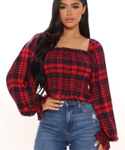 Fashion Nova Sydney Smocked Top - Red/combo Teddies & Babydolls