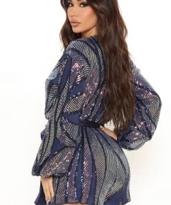 Fashion Nova Best Sellers Eyes On Me Sequin Romper - Navy