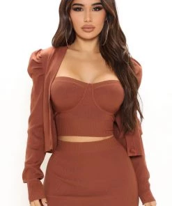 FashionNob SETS Be Mine 3 Piece Sweater Skirt Set - Rust