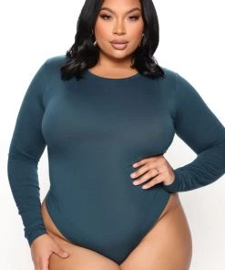 Fashion Nova Krystal Crew Neck Long Sleeve Bodysuit - Dark Teal