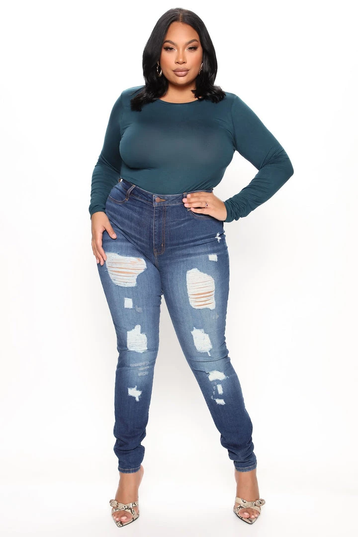 Fashion Nova Krystal Crew Neck Long Sleeve Bodysuit - Dark Teal
