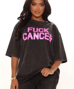 Fashion Nova Teddies & Babydolls Fuck Cancer Washed Top - Black Wash