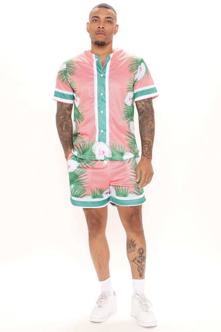 Mysite New Today Wild Leaf Mesh Shorts - Coral/combo