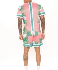 Mysite New Today Wild Leaf Mesh Shorts - Coral/combo