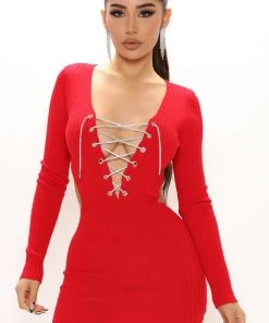 Fashion Nob Leah Lace Up Mini Dress - Red