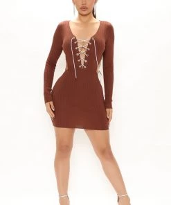 Fashion Nob DRESSES Leah Lace Up Mini Dress - Brown