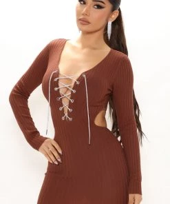 Fashion Nob DRESSES Leah Lace Up Mini Dress - Brown