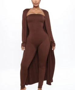 FashionNob Buenos Aires Jumpsuit Cardigan Set - Brown Teddies & Babydolls