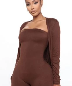 FashionNob Buenos Aires Jumpsuit Cardigan Set - Brown Teddies & Babydolls