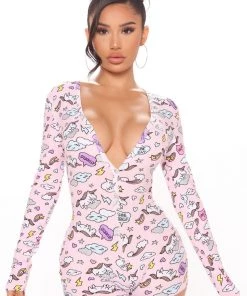 Fashion Nova Miss Unicorn PJ Long Sleeve Romper Onesie - Blush/combo Influencer Looks