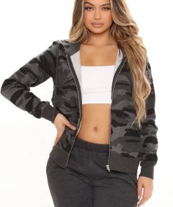 Fashion Nova Hiding My Feelings Camo Zip Hoodie - Charcoal/combo