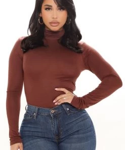 FashionNob Avia Mock Neck Top - Brown