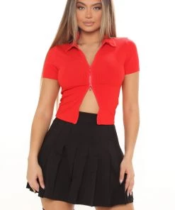 Fashion Nova Two Way Conversation Collared Top - Tomato Red