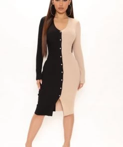 Fashion Nova Split Decision Sweater Midi Dress - Black/combo DRESSES
