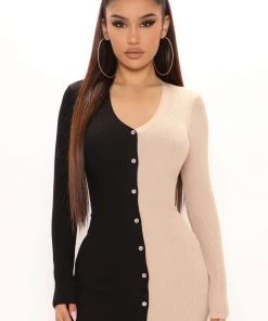 Fashion Nova Split Decision Sweater Midi Dress - Black/combo DRESSES