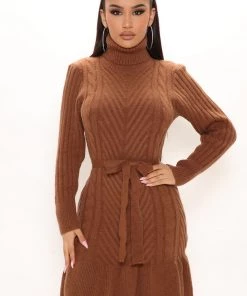 Fashion Nob DRESSES Aubrie Sweater Midi Dress - Brown