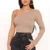 Fashion Nova Mall Crawler One Shoulder Long Sleeve Top - Mocha
