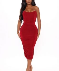 FashionNob All Ruched And Ready Midi Dress - Wine