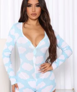 Fashion Nob Head In The Clouds PJ Romper Onesie - Light Blue