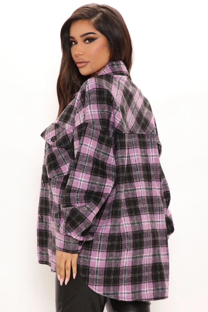 Fashion Nova Playful In Plaid Oversized Shirt - Lilac
