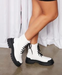 Fashion Nova SHOES Night Is Young Combat Booties - Black/White