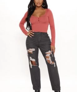 Fashion Nova Makenna Henley Top - Marsala Teddies & Babydolls