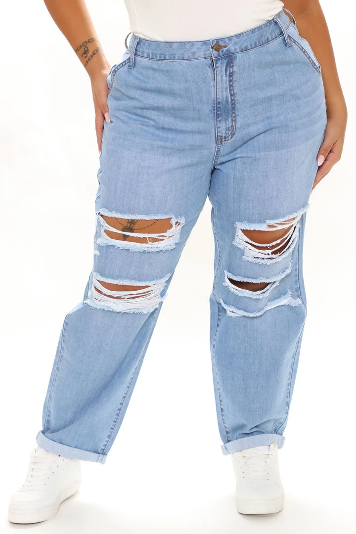 Fashion Nova Keeping Secrets Non Stretch Ripped Boyfriend Jeans - Light Blue Wash