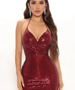 Mysite Queen Arrival Sequin Midi Dress - Burgundy DRESSES