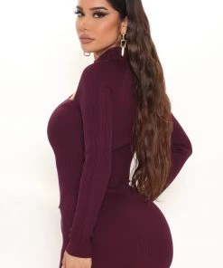 Fashion Nob Fall In The City Sweater Midi Dress - Eggplant DRESSES