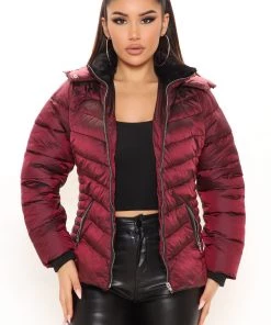 Fashion Nob Keeping You Warm Puffer Jacket - Burgundy Winter Blowout