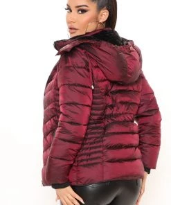 Fashion Nob Keeping You Warm Puffer Jacket - Burgundy Winter Blowout