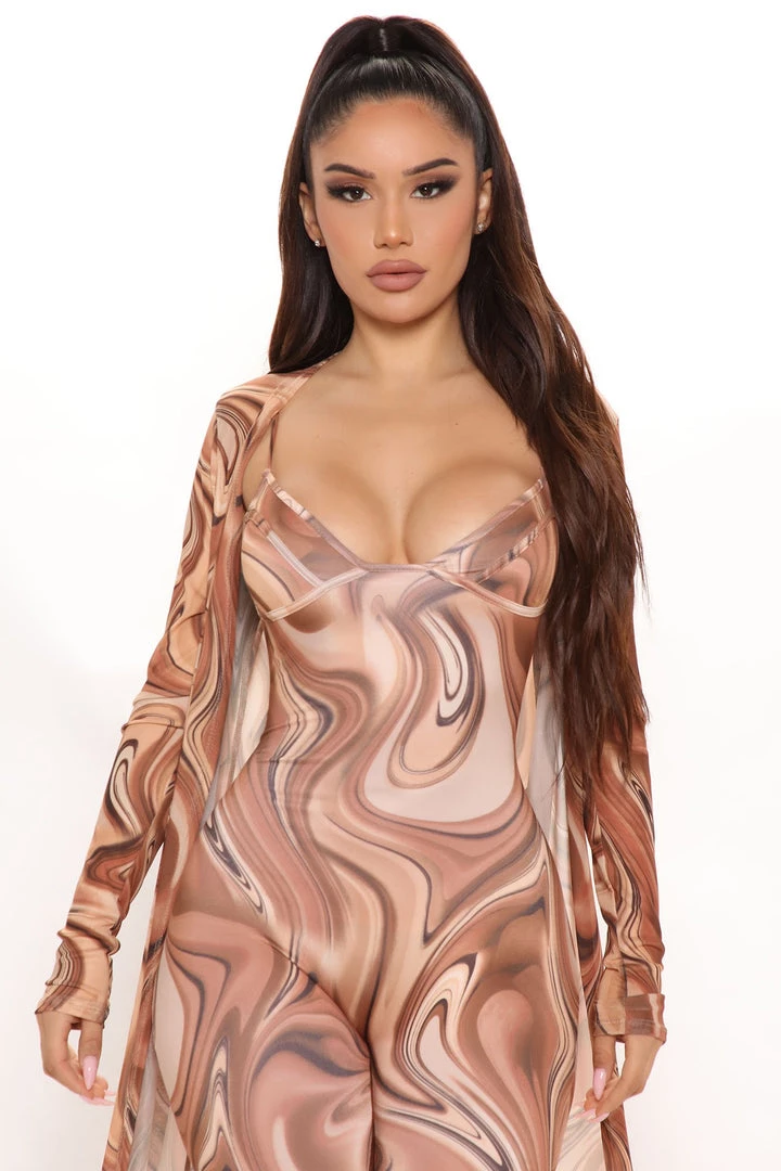 Fashion Nova Teddies & Babydolls Losing Focus Jumpsuit Cardigan Set - Brown Combo 2 Fashion Nova Teddies & Babydolls Losing Focus Jumpsuit Cardigan Set - Brown Combo